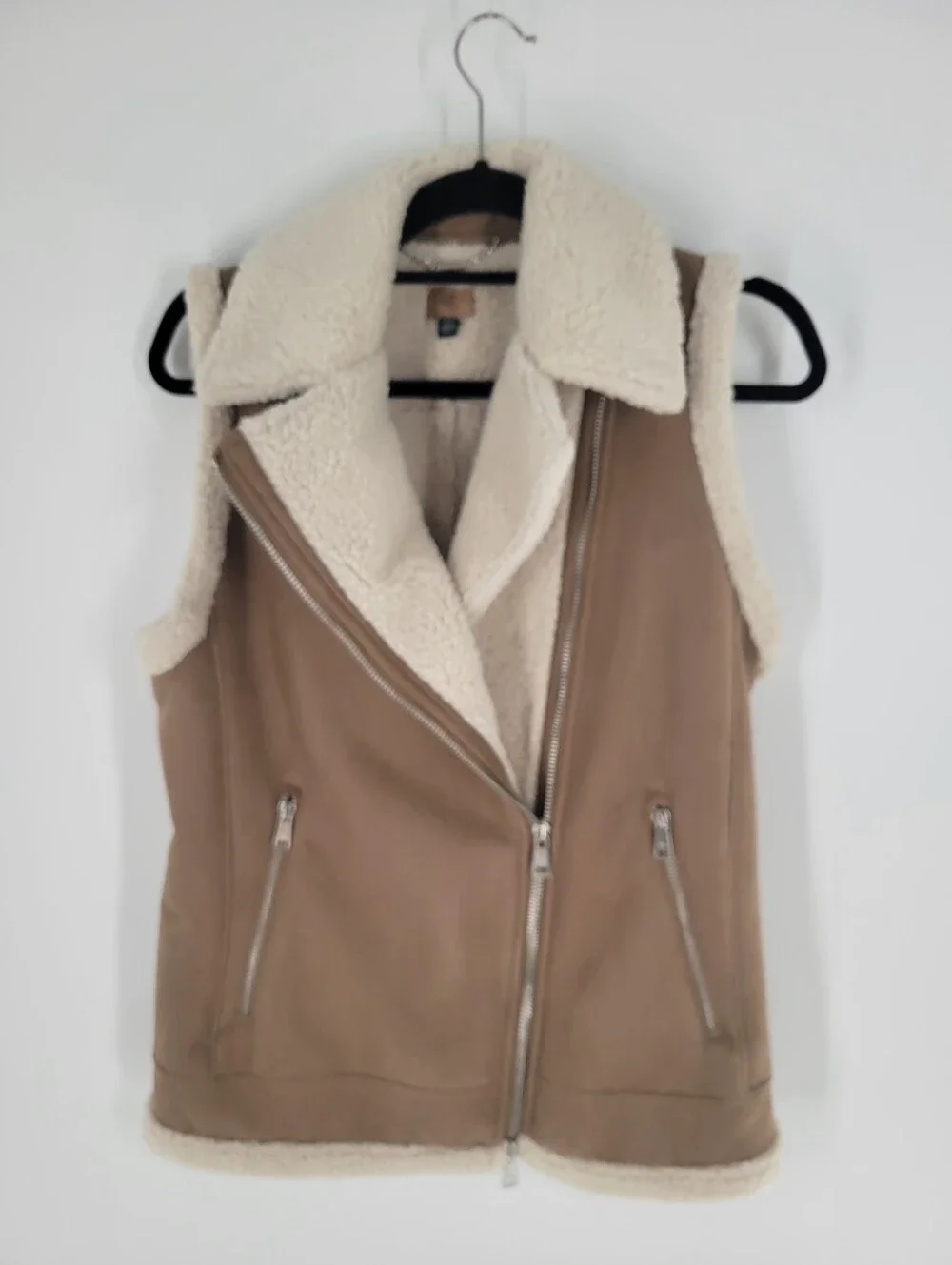 Ralph Lauren Taupe Outer with Cream Faux-Shearling Lining Vest Size S
